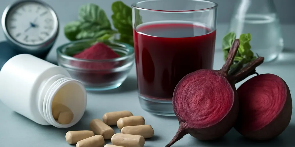 Unbranded beetroot nitrate powder and beet roots arranged for blood pressure evidence coverage with no visible text
