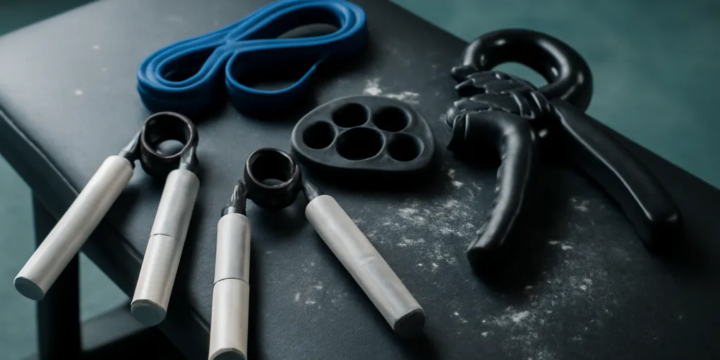 Close-up of hand grippers, a finger exerciser, a blue resistance band, and a black kettlebell on a chalk-dusted gym bench