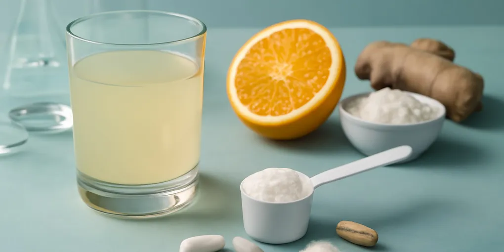 Photorealistic electrolyte powder packets, water bottle, measuring scoop, and towel on a bright kitchen counter with no visible brands.
