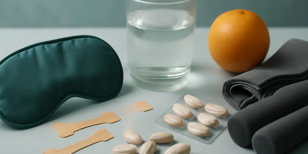 Unbranded nasal strips, sleep mask, and running watch on a clean bedside table with no visible text