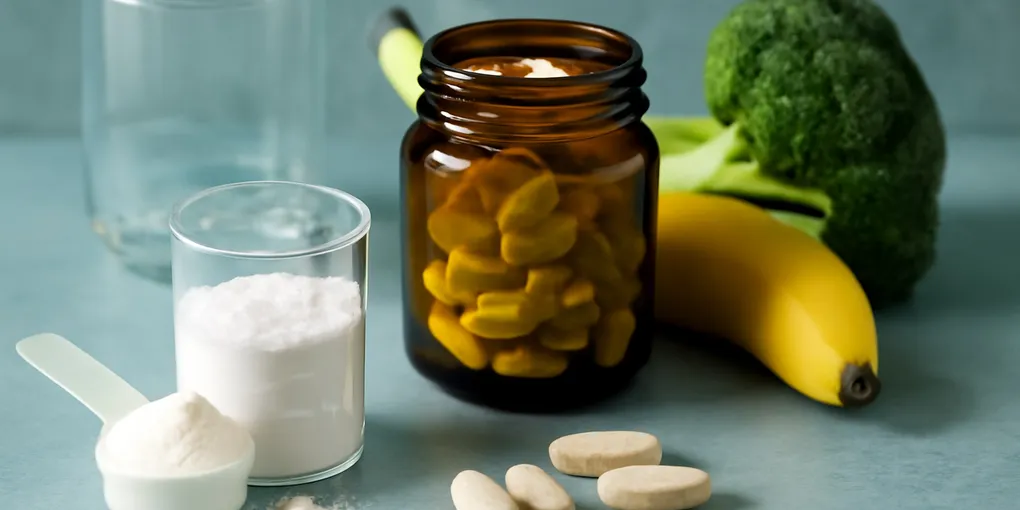 Photorealistic creatine loading phase dosage setup with powder tub, scoop, water bottle, and workout log.