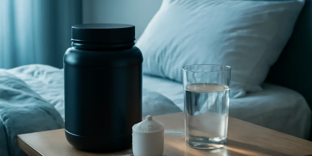 Creatine sleep recovery scene with a black supplement bottle, small white cap, and half-full glass of water on a bedside table beside white bedding.