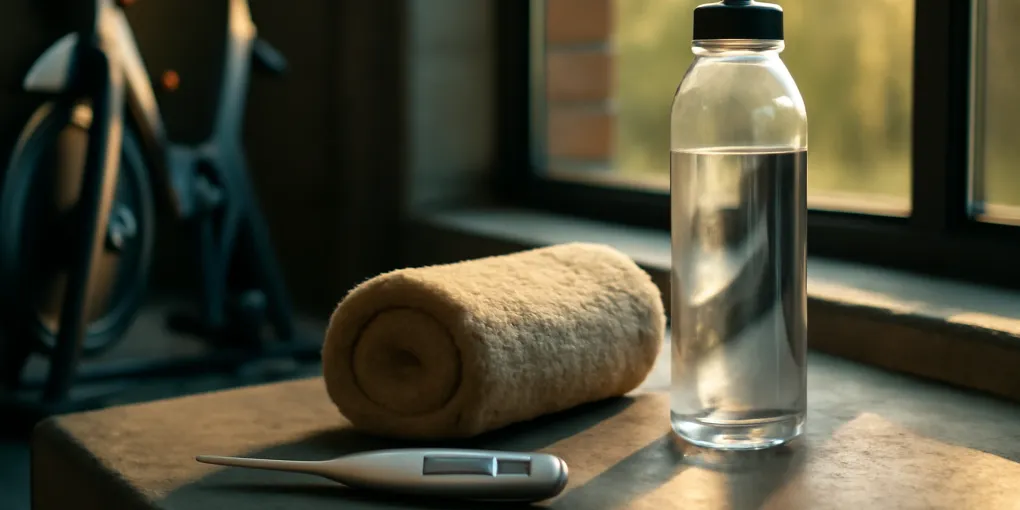 Clear water bottle, rolled towel, and digital thermometer on a sunlit gym bench near a window with a blurred stationary bike in the background