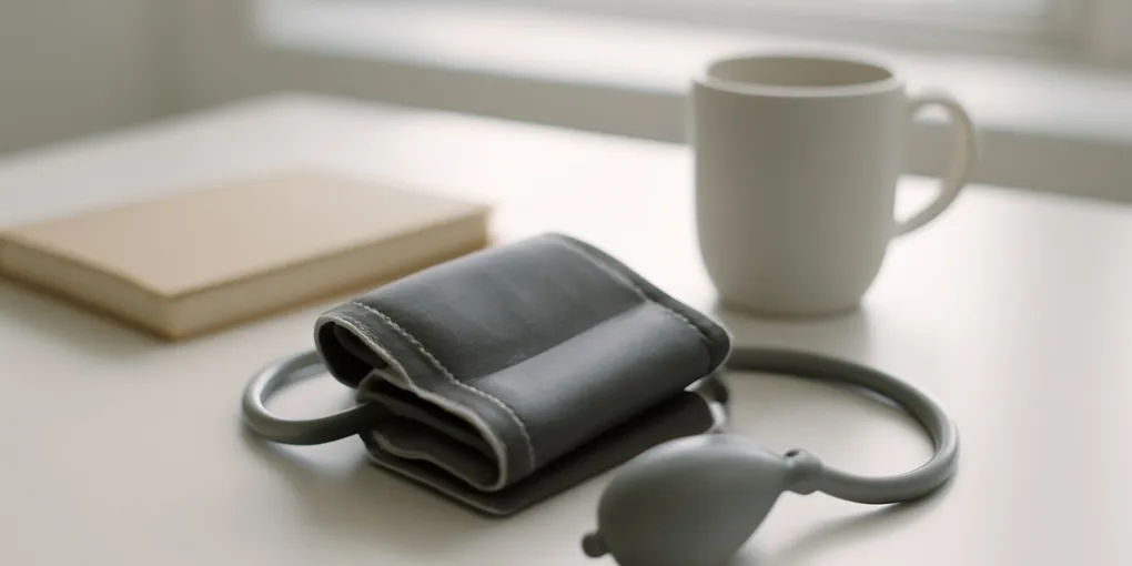 Plain fabric blood pressure cuff on a clean table with no display text or markings visible