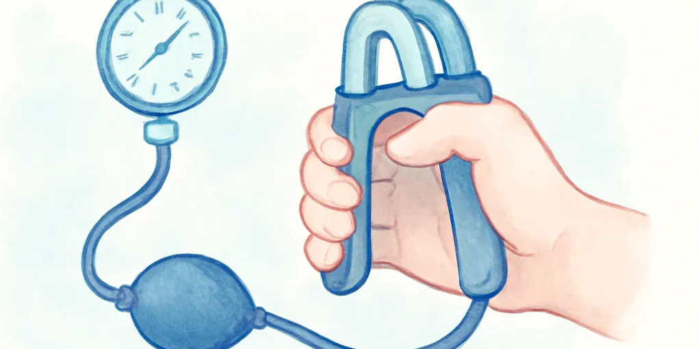 Isometric handgrip blood pressure protocol with a hand gripper, upper-arm cuff, and training log on a clean clinical desk