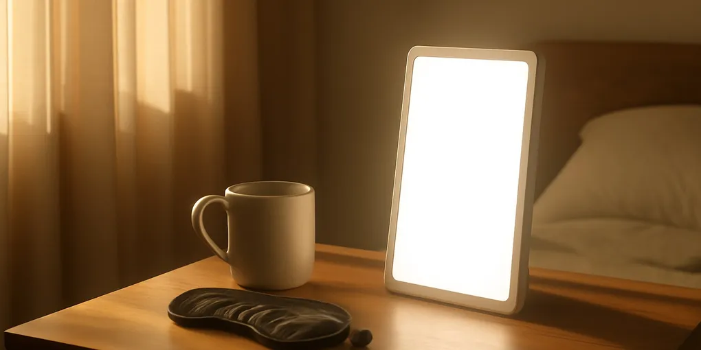 Morning sunlight through a window with an unbranded light therapy lamp and coffee mug on a desk with no visible text