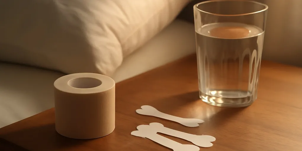 Mouth taping sleep evidence still life with nasal strips, hypoallergenic tape roll, pillow, and water glass with no visible text