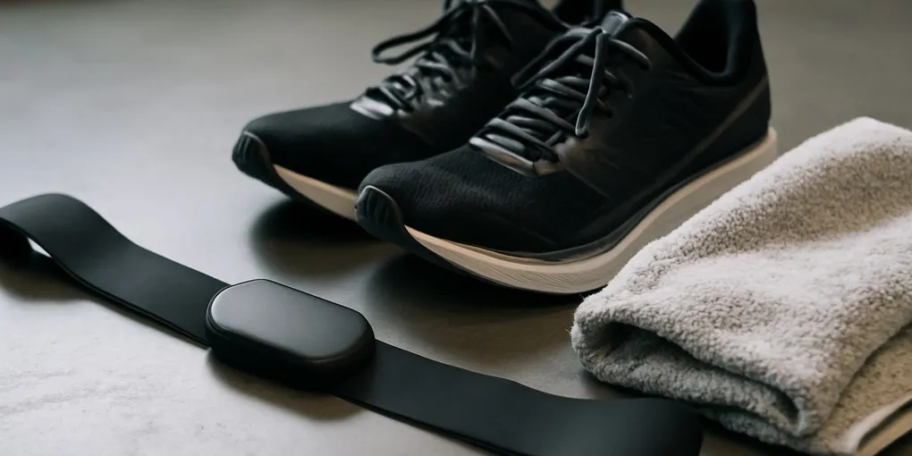 Unbranded black chest strap heart-rate sensor beside running shoes and a towel with no visible text